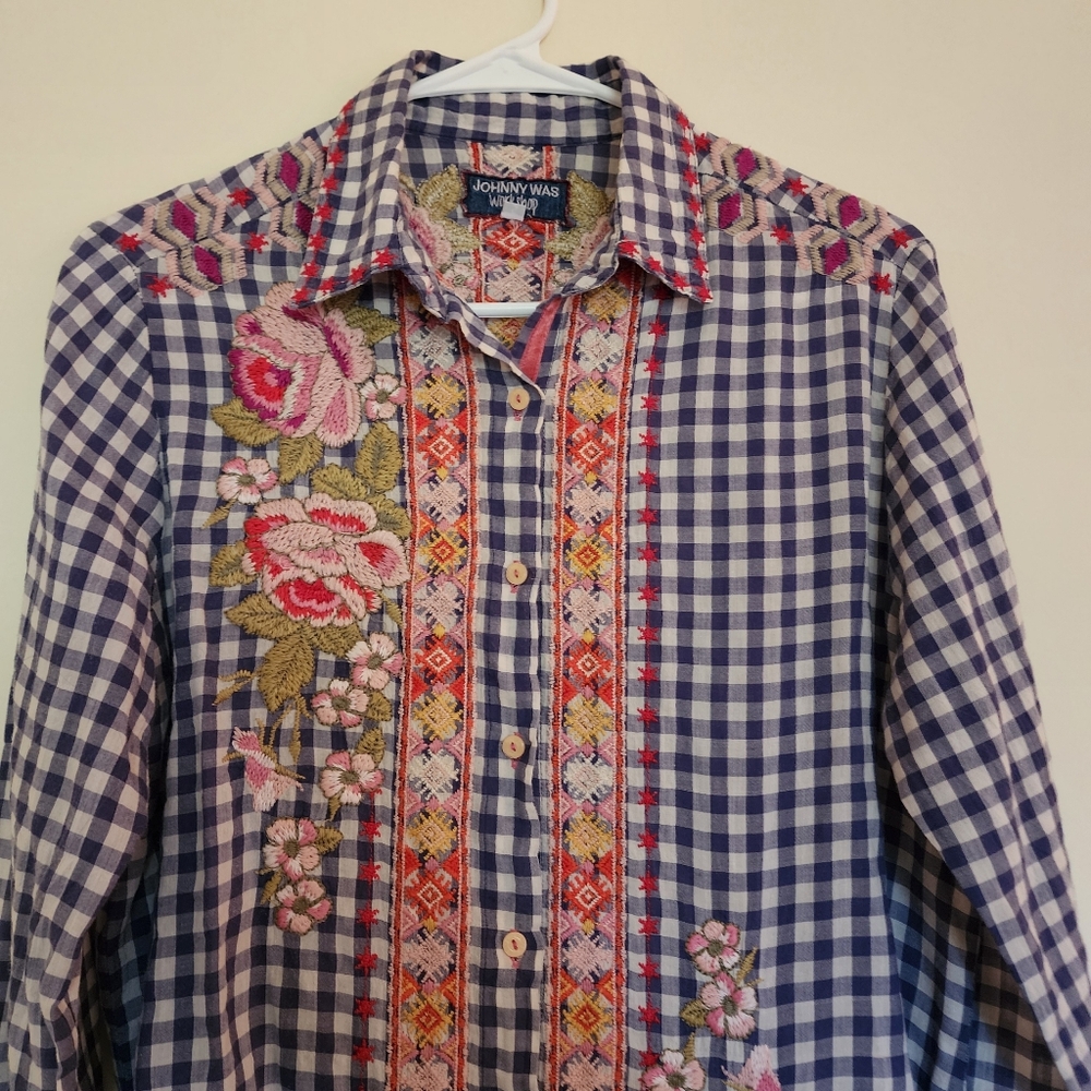 Johnny Was Workshop Gingham Plaid Embroidered Flo… - image 4